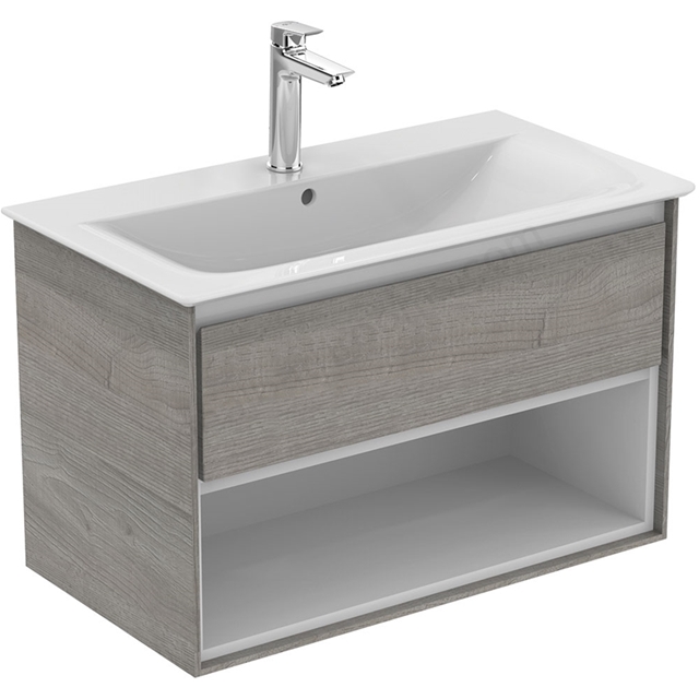 Ideal Standard Connect Air 800mm Wall Hung Vanity Unit Only; 1 Drawer + Open Shelf - Light Grey Wood / Matt White