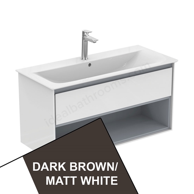 Ideal Standard Connect Air Wall Hung Vanity Unit Only; 1 Drawer + Open Shelf; 1000mm Wide; Matt Dark Brown / Matt White