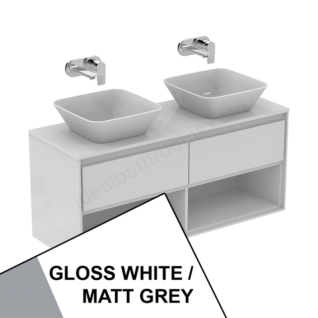 Ideal Standard Connect Air Wall Hung Vanity Unit Only; 2 Drawers + Open Shelf; 1200mm Wide; Gloss White / Matt Grey