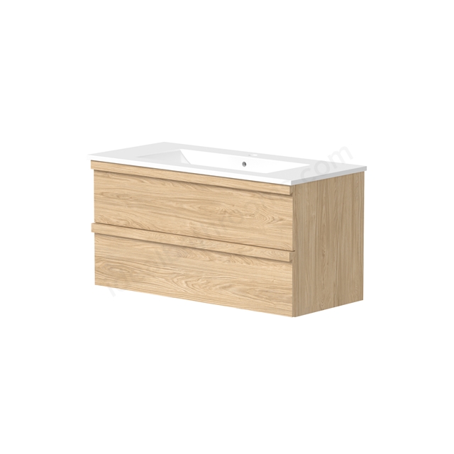 Swan Pagoda 1000mm Basin Unit w/ 2 Drawers & Solid Wood Handle - Light Oak