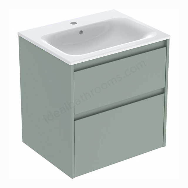 Geberit Selnova Square 600mmW Slim-Rim Basin & 2-Drawer Cabinet Set; Sage Green Silk Matt