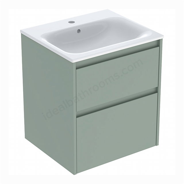 Geberit Selnova Square 550mmW Slim-Rim Basin & 2-Drawer Cabinet Set; Sage Green Silk Matt