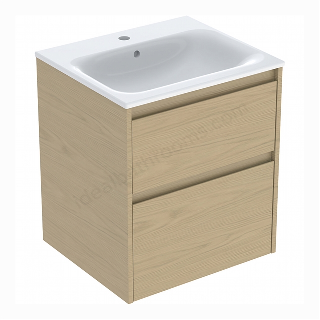 Geberit Selnova Square 550mmW Slim-Rim Basin & 2-Drawer Cabinet Set; Oak Melamine