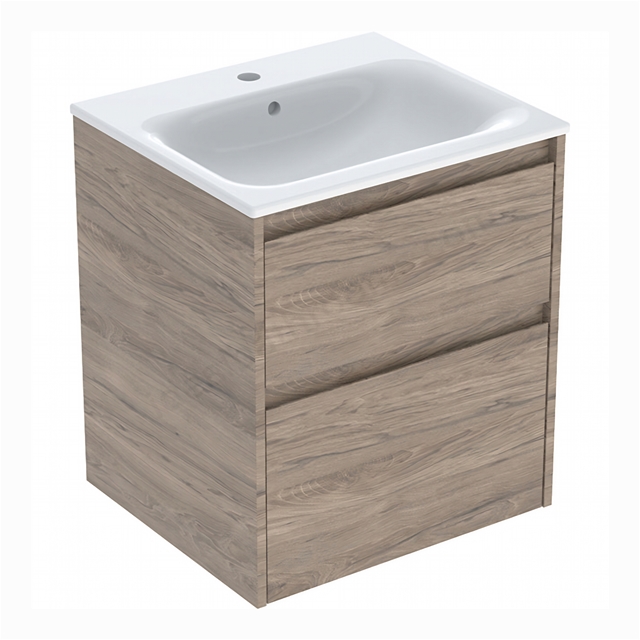 Geberit Selnova Square 550mmW Slim-Rim Basin & 2-Drawer Cabinet Set; Hickory Melamine