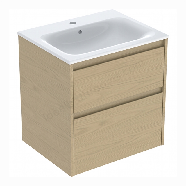 Geberit Selnova Square 600mmW Slim-Rim Basin & 2-Drawer Cabinet Set; Oak Melamine