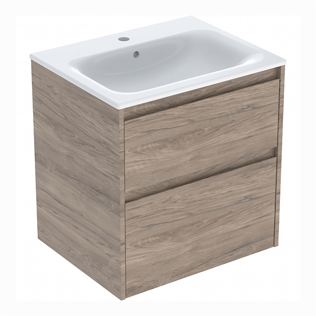 Geberit Selnova Square 600mmW Slim-Rim Basin & 2-Drawer Cabinet Set; Hickory Melamine