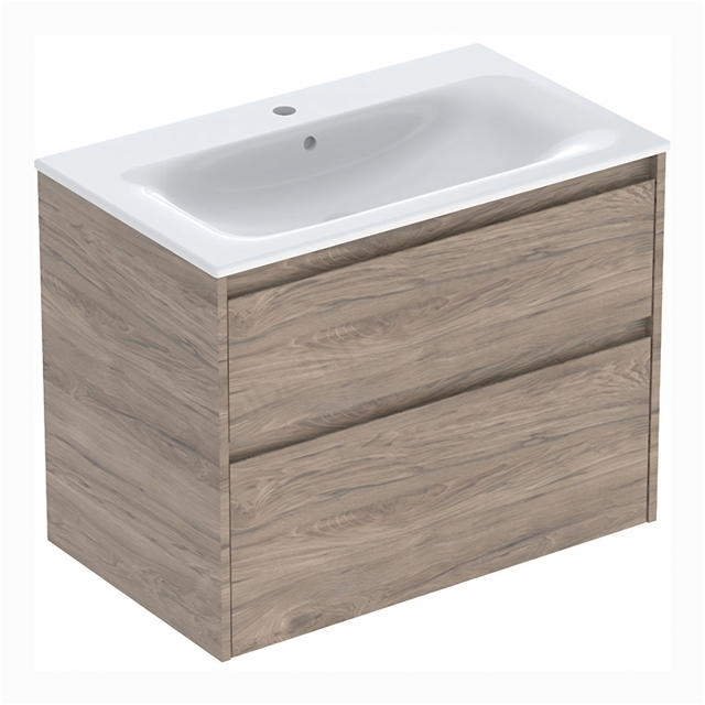 Geberit Selnova Square 800mmW Slim-Rim Basin & 2-Drawer Cabinet Set; Hickory Melamine