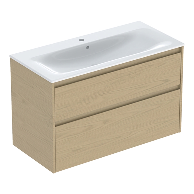 Geberit Selnova Square 1000mmW Slim-Rim Basin & 2-Drawer Cabinet Set; Oak Melamine