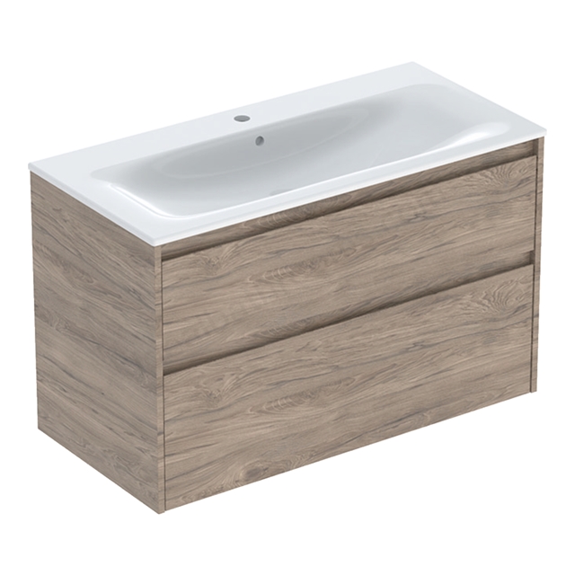 Geberit Selnova Square 1000mmW Slim-Rim Basin & 2-Drawer Cabinet Set; Hickory Melamine