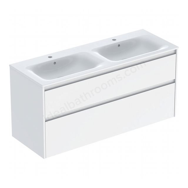 Geberit Selnova Square Double 1300mmW Slim-Rim Basin & 2-Drawer Cabinet Set; Gloss White Silk
