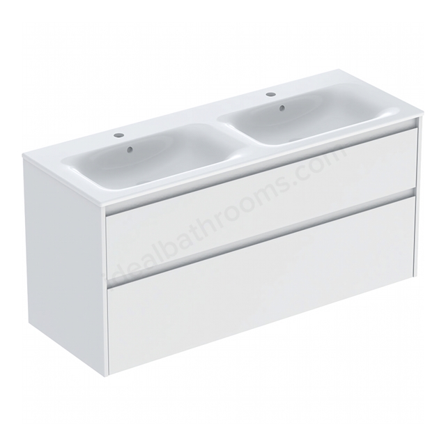 Geberit Selnova Square Double 1300mmW Slim-Rim Basin & 2-Drawer Cabinet Set; Matt White Silk