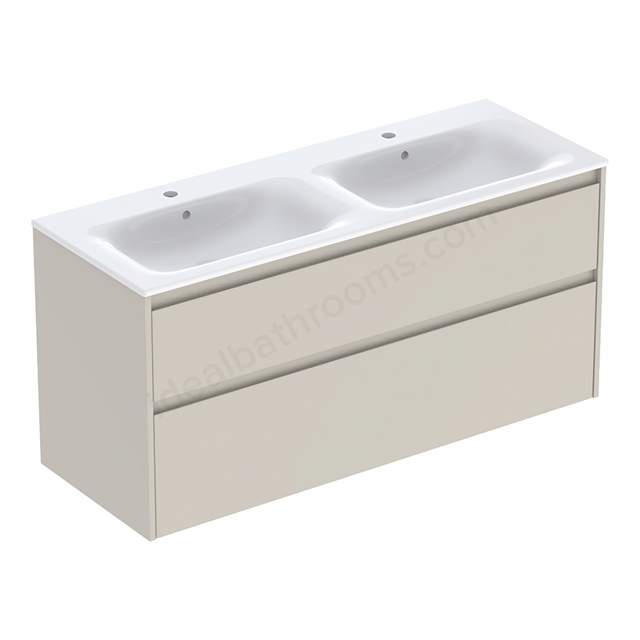 Geberit Selnova Square Double 1300mmW Slim-Rim Basin & 2-Drawer Cabinet Set; Sand Silk Matt