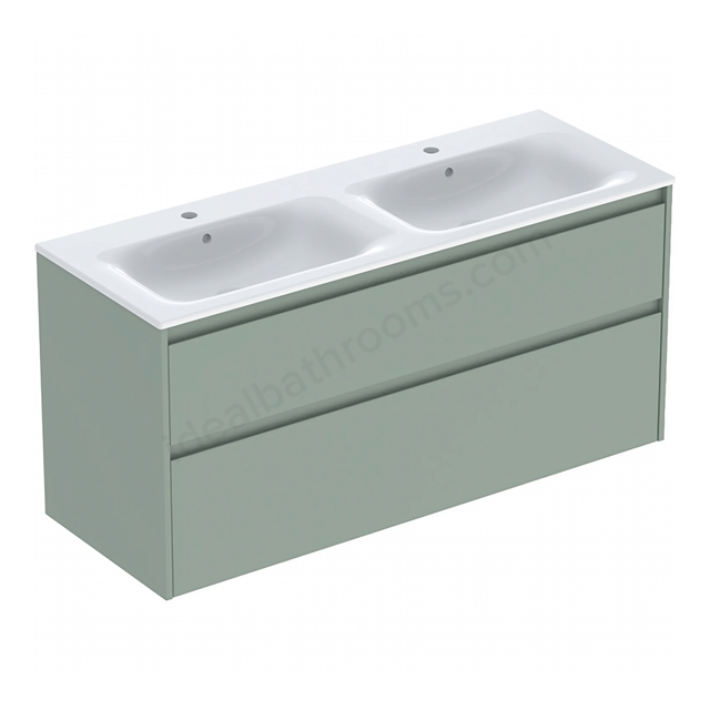 Geberit Selnova Square Double 1300mmW Slim-Rim Basin & 2-Drawer Cabinet Set; Sage Green Silk Matt