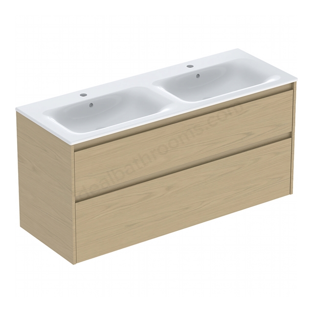 Geberit Selnova Square Double 1300mmW Slim-Rim Basin & 2-Drawer Cabinet Set; Oak Melamine