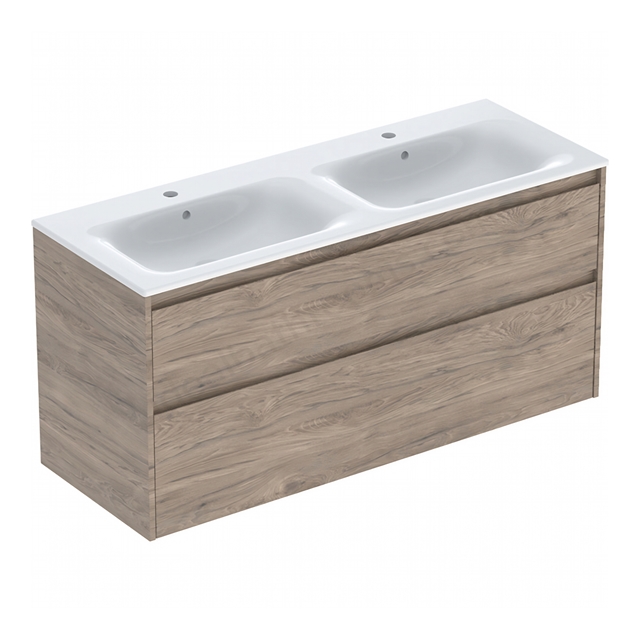 Geberit Selnova Square Double 1300mmW Slim-Rim Basin & 2-Drawer Cabinet Set; Hickory Melamine